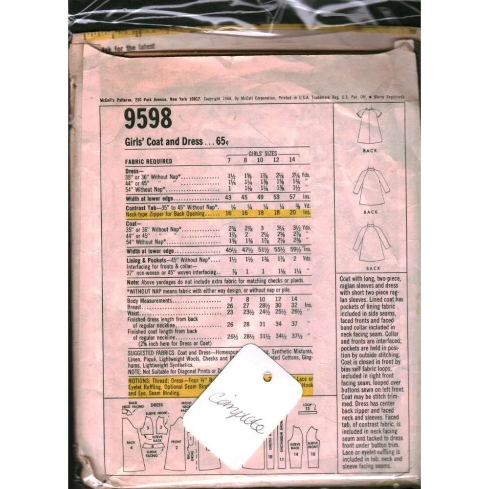 9598 Vintage 1968 McCalls Girls Coat and Dress Sewing Pattern Size 10 CUT  Retro